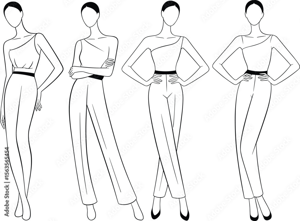 Fashion female figure sketch, vector croquis template for fashion design, front pose, standing women body outline, model drawing.

 flat vector illustration
