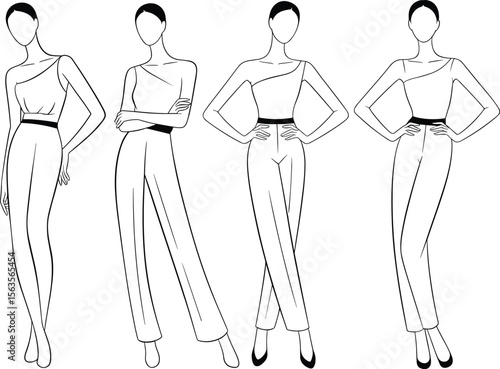 Fashion female figure sketch, vector croquis template for fashion design, front pose, standing women body outline, model drawing.

 flat vector illustration