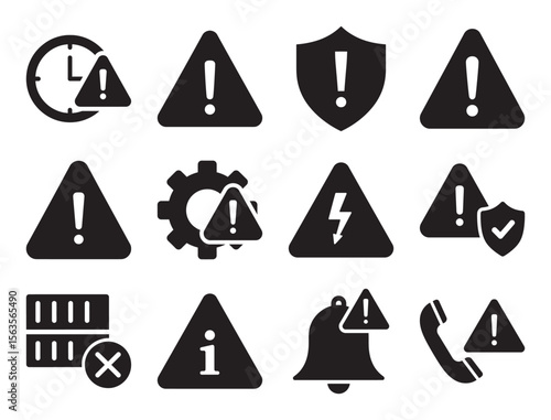 System alerts and notifications solid glyph icon set for warning and error messages showing exclamation mark bell and other important information symbols