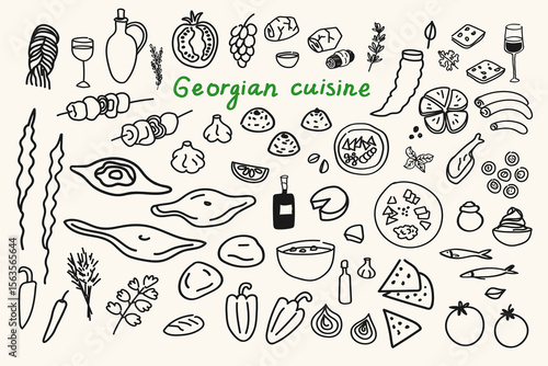 Sketch of Georgian cuisine with Khachapuri, flatbreads, churchkhela, wine, kharcho, khinkali, shashlik, meat, greens, cheese, suluguni, grapes, tomatoes. Banner with traditional Caucasian food Supra
