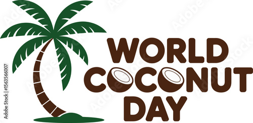 Monochrome illustration celebrating World Coconut Day with a stylized coconut drink straw umbrella and palm leaves perfect for tropical themes and holiday promotions