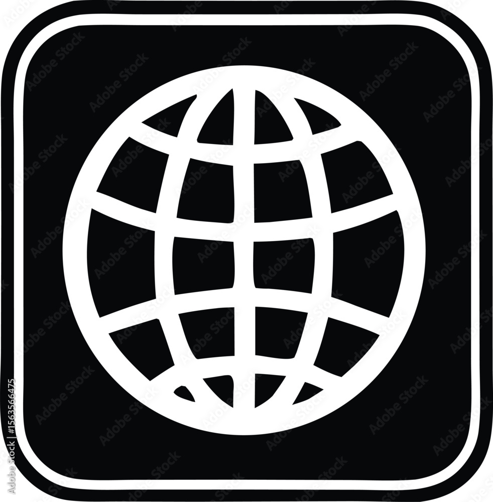 A simple white globe icon with a grid pattern is centered on a black square background with rounded corners A simple white globe icon with a grid pattern is centered on a black square background with rounded corners