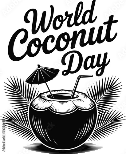 Celebrate World Coconut Day with a tropical getaway illustration featuring palm trees beach chairs a refreshing coconut drink and a sunny umbrella on a sandy