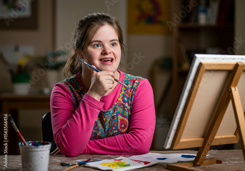 Woman with down syndrome painting on an easel. Happy artist making art with paint. Creative hobby concept for individual development.