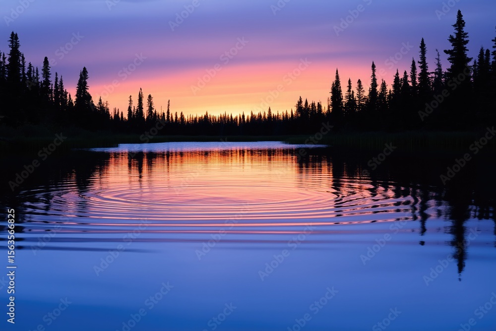 Obraz premium A glassy lake reflecting the stunning pastel hues of a fading sunset, with gentle ripples slightly distorting the dreamy colors. The surrounding trees cast dark silhouettes against the sky.