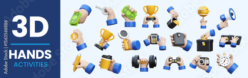 3D vector illustration features a variety of hands holding different objects, including trophies, money, cameras, and tools. Perfect for concepts related to success, achievement
