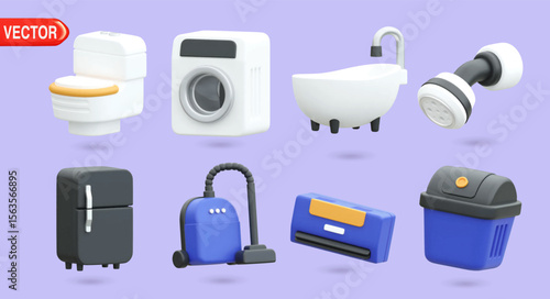 3D vector illustration showcases essential home appliances, including a toilet, washing machine, bathtub, refrigerator, vacuum, and trash can. Perfect for home improvement and household design concept