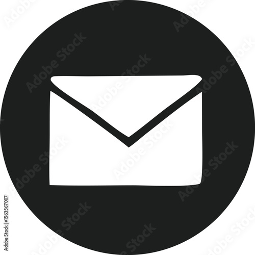 Simple black circle icon featuring a white hand drawn envelope symbol for communication and messaging