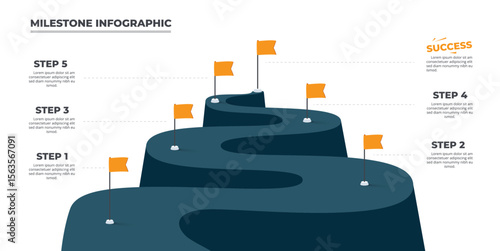 Road winding infographic 6 option to success. Road trip, winding road concept.