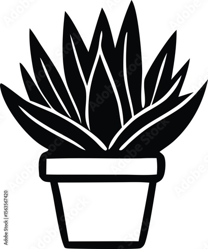 Stylized black and white silhouette of a potted succulent plant with sharp pointed leaves emerging from a simple pot