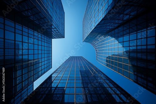 Looking up at modern skyscrapers with glass facades reflecting the blue sky, urban architecture, tall buildings, cityscape, glass architecture, skyline