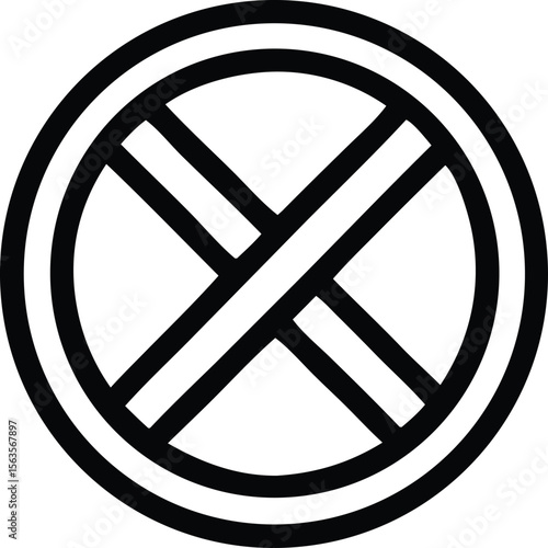A stark black and white graphic icon featuring a circular border with two concentric rings and a prominent x shape formed by intersecting thick bars