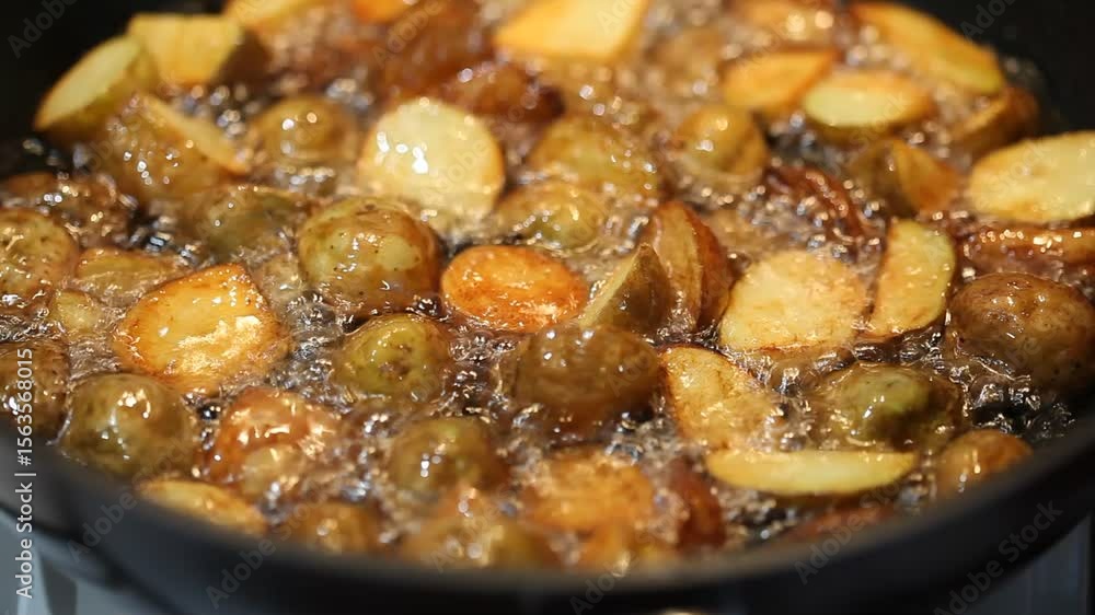 Close-up shot of baby potatoes being fried to a golden brown crust in a black frying pan. The crispy texture and warm color create an appetizing and rustic feel. Perfect for cooking content, food blog Close-up shot of baby potatoes being fried to a golden brown crust in a black frying pan. The crispy texture and warm color create an appetizing and rustic feel. Perfect for cooking content, food blog