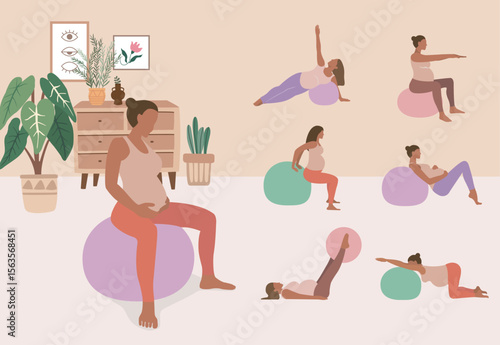 Prenatal Yoga and Fitness Ball Exercise in Cozy Home Setting
