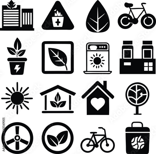 Collection of black and white icons representing green energy sustainability and eco friendly living practices for a healthier planet