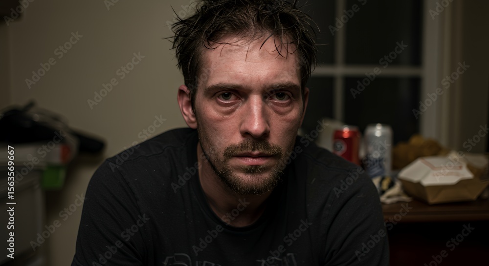 Pensive man with dark hair and beard sits alone in dimly lit room, lost in thought, exhibiting a somber mood. Pensive man with dark hair and beard sits alone in dimly lit room, lost in thought, exhibiting a somber mood.