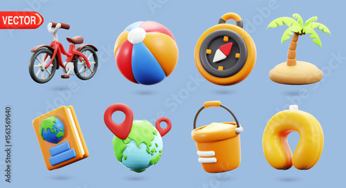 3D vector illustration showcases fun summer and travel-themed icons, including a bicycle, beach ball, palm tree, compass, globe, and inflatable ring. Ideal for vacation and adventure concepts
