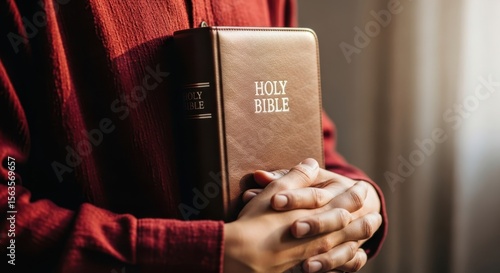 Woman Holding Holy Bible: Close-Up Christian Faith, Religion, Spirituality, Prayer, Devotion, Scripture, Brown Leather Book