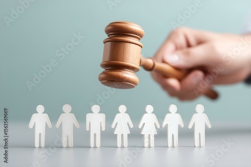 Gavel hovers over figures in gender discrimination concept, symbolizing workplace fairness and justice regarding equal opportunity