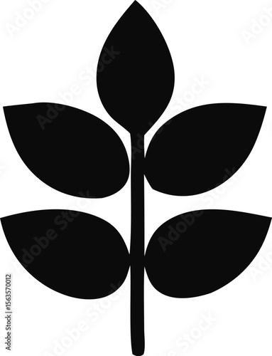 Minimalist black silhouette of a stylized plant stem with five opposing oval leaves against a white background