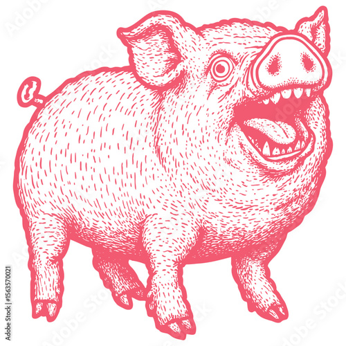 A wild wind-up pig toy with a manic grin and a key in its back. Vector illustration in a classic retro engraving or woodcut style.
