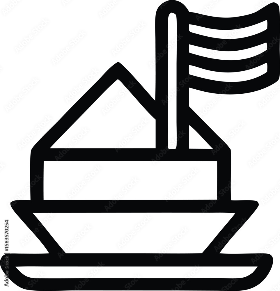 Simple black and white line art icon of a sailboat with a flag flying high on a calm sea Simple black and white line art icon of a sailboat with a flag flying high on a calm sea
