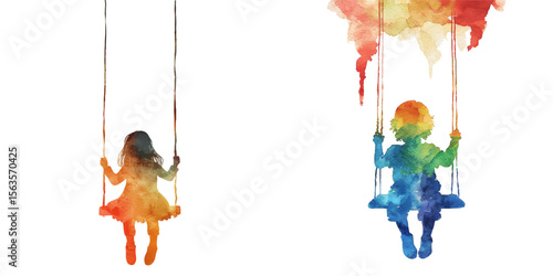 abstract color silhouette of kid on swing watercolor vector illustration