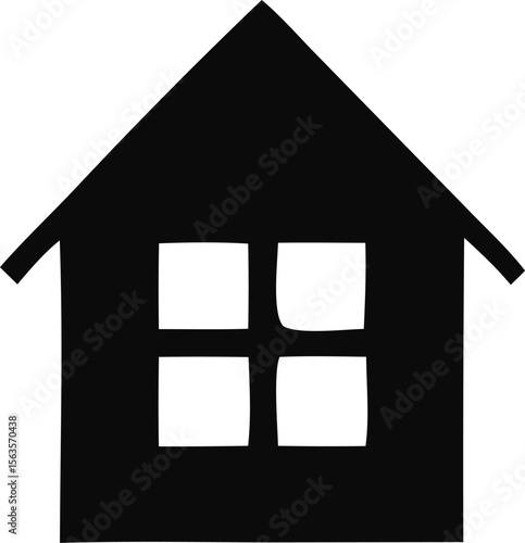 Simple black silhouette of a house with a four pane window against a white background