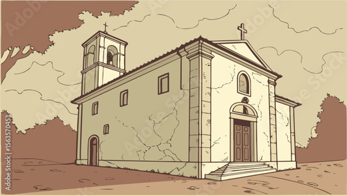 An illustration of a church stands prominently in the center, displaying its architectural features like a bell tower and arched doorway.
