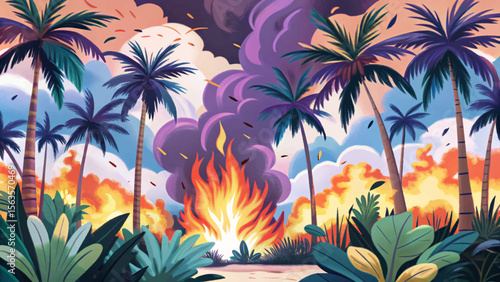 jungle blaze consumes the dense forest cartoon, igniting flaming vines and causing palm trees to explode in a dramatic display of wildfire destruction