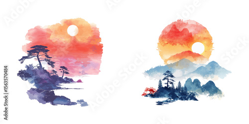 abstract color silhouette of japanese lanscape watercolor vector illustration