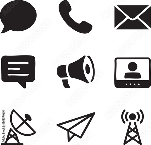 Nine Black Minimalist Communication Icons Set Speech Bubble Phone Envelope Message Megaphone Video Call Satellite Paper Airplane Antenna