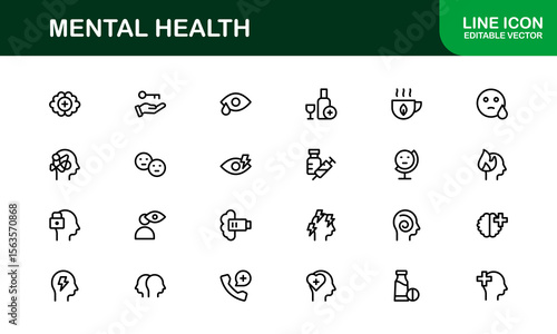 Vector Icon Collection for Mental Health Including Counseling, Mind Care, Emotional Support, and Wellness