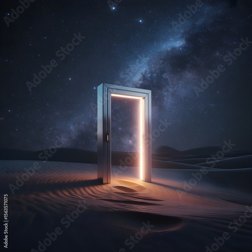 Surreal Glowing Door Frame in the Desert Under the Milky Way
