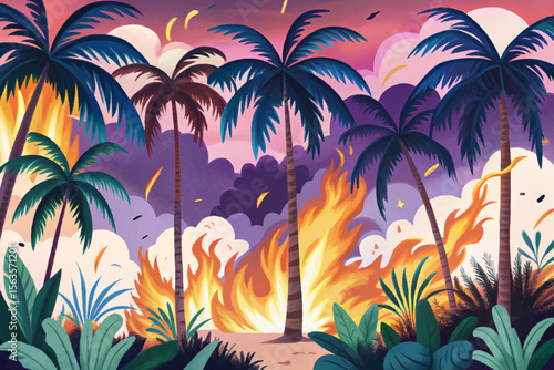 jungle blaze consumes the dense forest cartoon, igniting flaming vines and causing palm trees to explode in a dramatic display of wildfire destruction