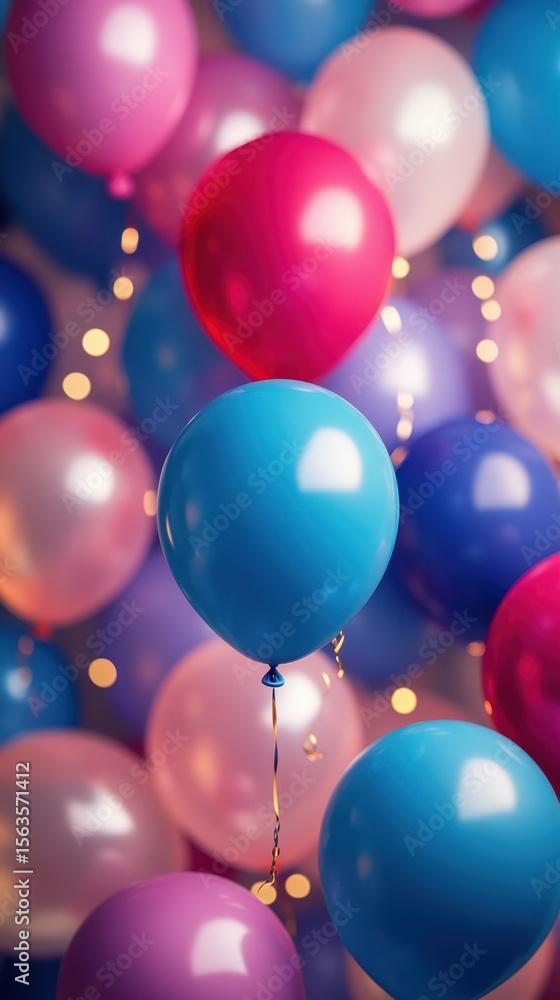 Colorful balloons float serenely in a festive atmosphere with twinkling lights creating a joyful ambiance Colorful balloons float serenely in a festive atmosphere with twinkling lights creating a joyful ambiance