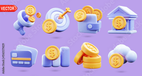 Set of 3D finance icons with megaphone, target, wallet, bank, credit card, graph, coins stack, cloud storage. Glossy vector objects, trendy illustration style, isolated on background.

