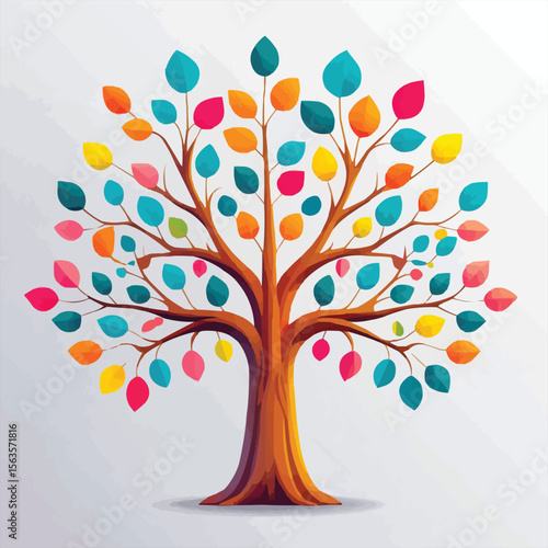 Colorful Fantasy Tree Vector Illustration with Thick Trunk and Geometric Leaves in Bright Teal, Orange, Pink, and Yellow  Abstract Nature Art in Flat Design Style