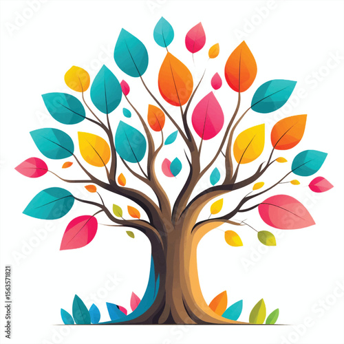 Colorful Fantasy Tree Vector Illustration with Thick Trunk and Geometric Leaves in Bright Teal, Orange, Pink, and Yellow  Abstract Nature Art in Flat Design Style