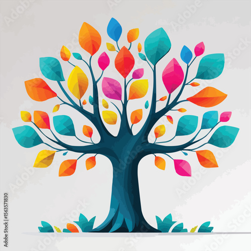 Colorful Fantasy Tree Vector Illustration with Thick Trunk and Geometric Leaves in Bright Teal, Orange, Pink, and Yellow  Abstract Nature Art in Flat Design Style