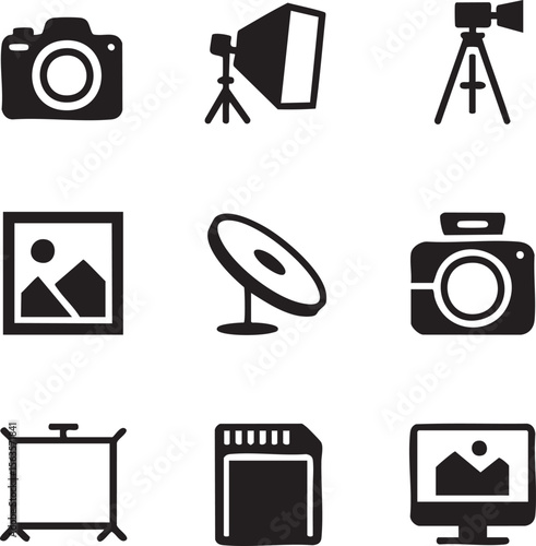 Nine Black Minimalist Photography Studio Icons Set Camera Tripod Flash Memory Card Image Display vector