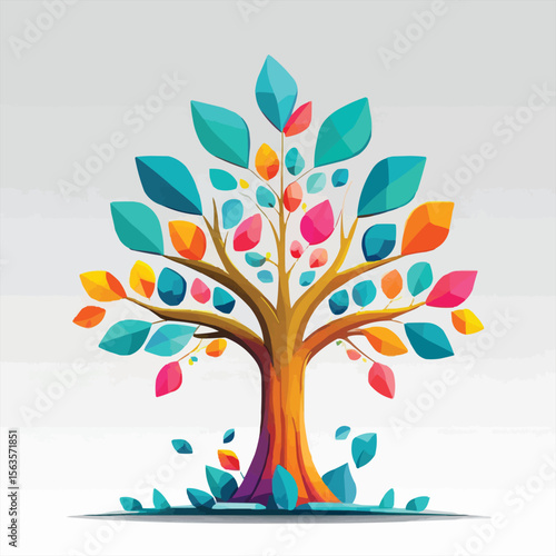 Colorful Fantasy Tree Vector Illustration with Thick Trunk and Geometric Leaves in Bright Teal, Orange, Pink, and Yellow  Abstract Nature Art in Flat Design Style