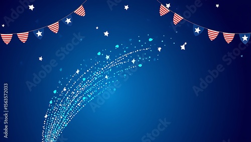 Fourth of July Patriotic Background with Sparkling Fireworks Trail and Bunting Garlands on Dark Blue