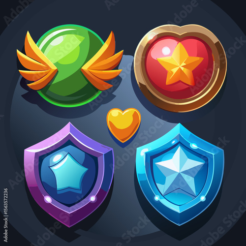 Game Power-Up Icons – Stars, Shields, Boosters, Hearts, and Energy Orbs”