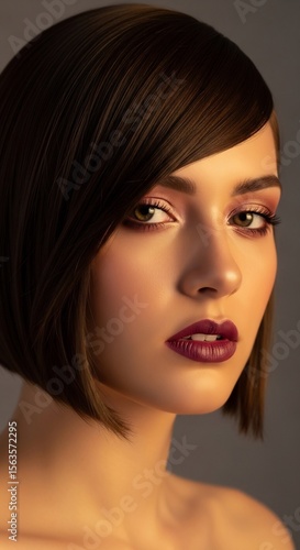 Wallpaper Mural Elegant Woman with Short Bob Haircut and Bold Purple Lipstick Studio Portrait Photography Torontodigital.ca