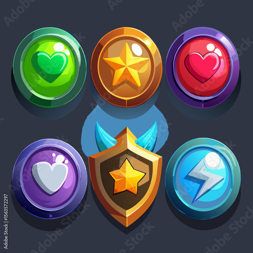 Game Power-Up Icons – Stars, Shields, Boosters, Hearts, and Energy Orbs”