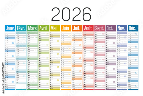 Year 2026 colorful wall calendar on white background, French language, France vector template