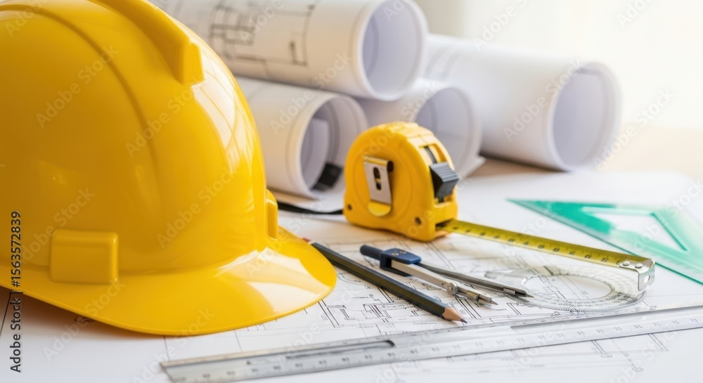 Fototapeta premium Construction helmet, tape measure, compass, pencil, and rulers are arranged on top of architectural blueprints.