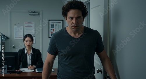 A tense moment unfolds in an office as a man confronts a seated woman, his expression serious and determined, creating a scene of quiet intensity.