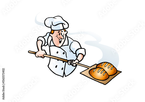 Baker with two warm freshly baked bread on a spatula